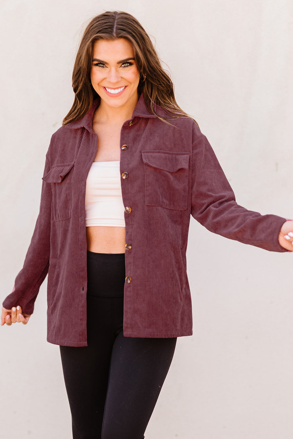 Pocketed Button Ribbed Textured Shacket