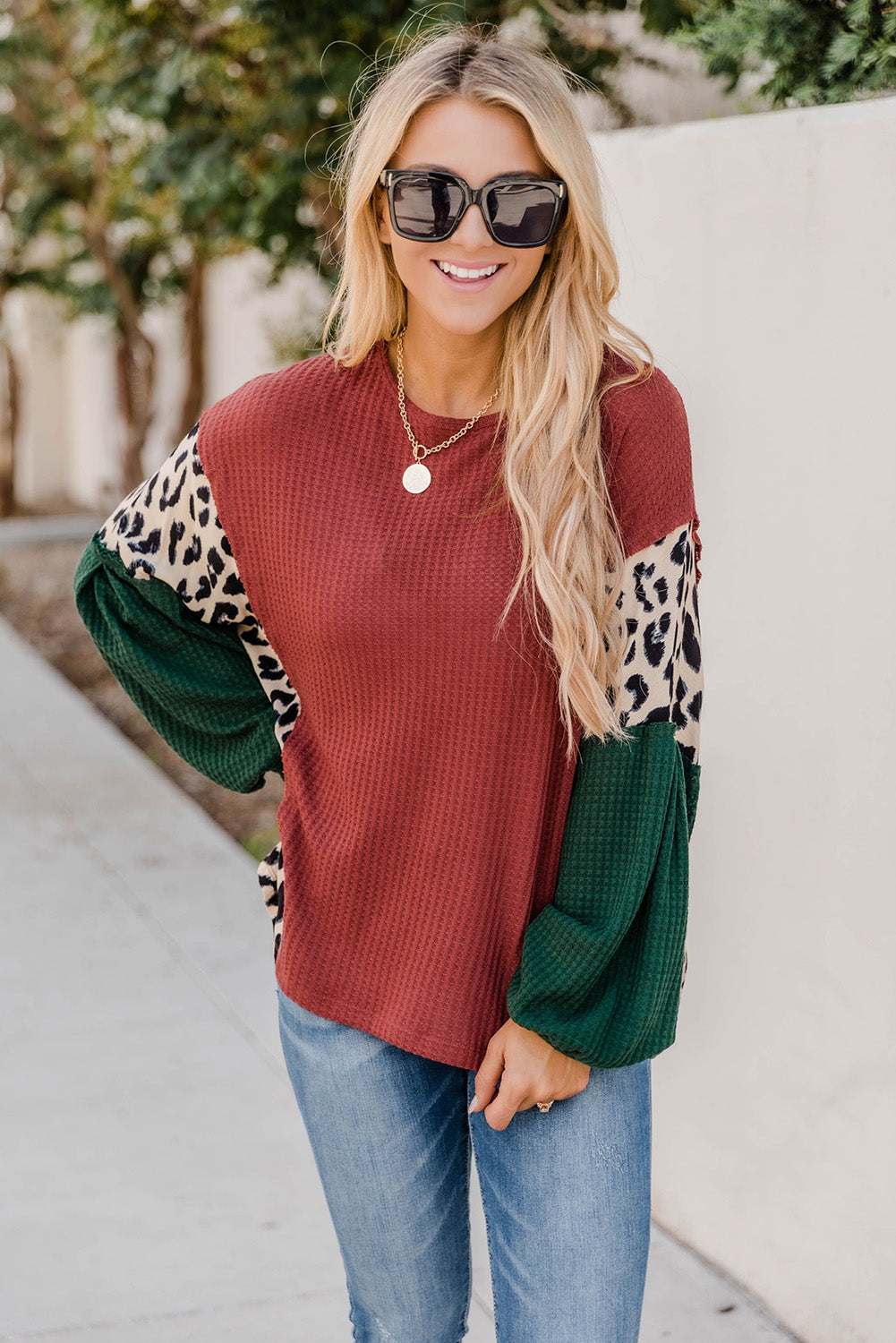Brown Waffle Leopard Splicing Bishop Sleeve Top