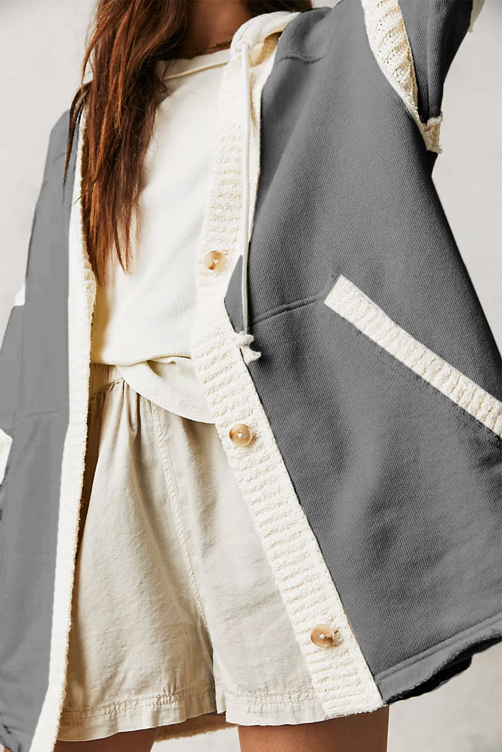 Beige Solid Color Button Down Long Hooded Cardigan