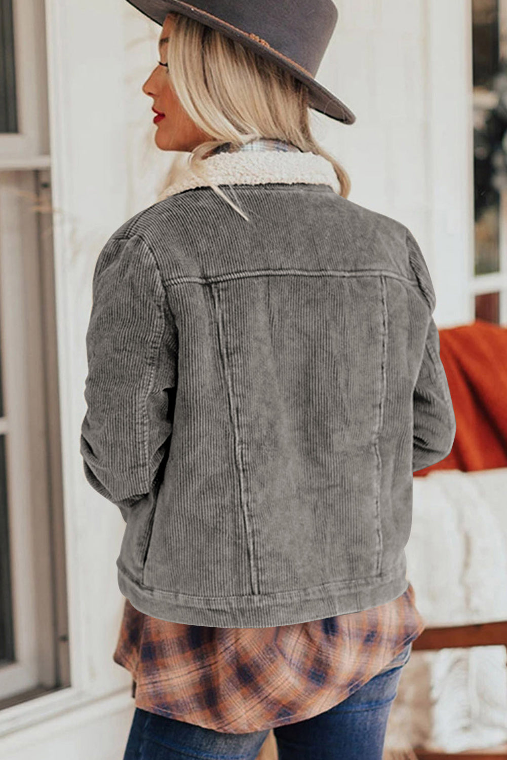Gray Sherpa Snap Flap Pocket Cropped Corduroy Jacket
