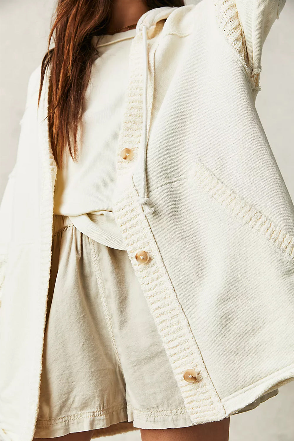 Beige Solid Color Button Down Long Hooded Cardigan