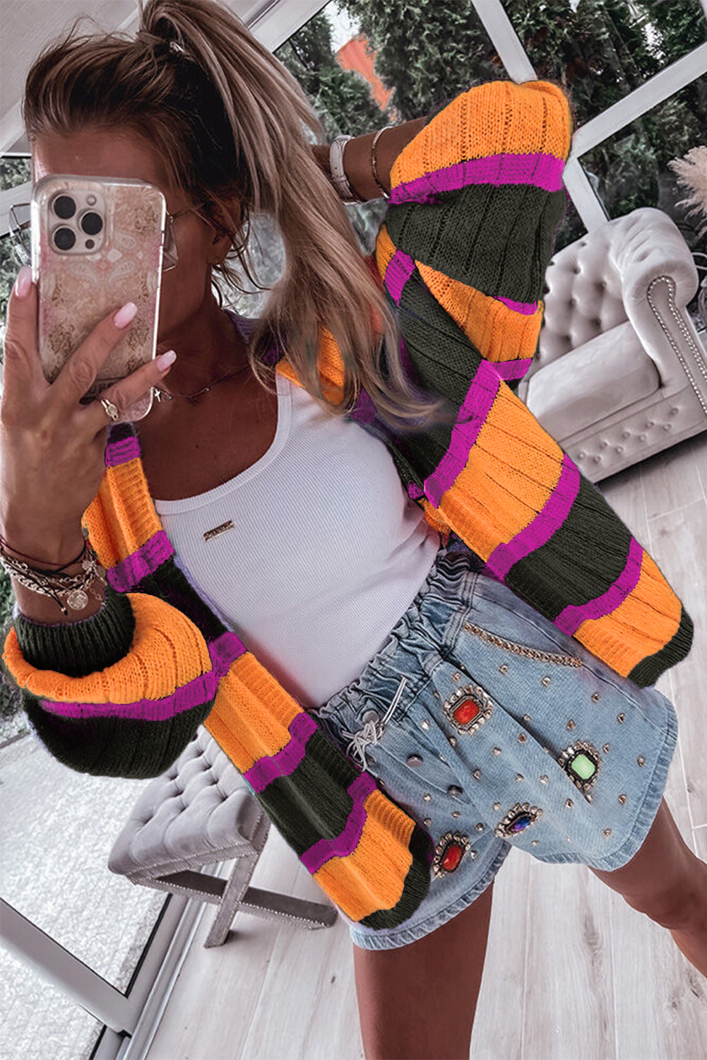 Black Stripe Print Ribbed Knit Sweater Cardigan