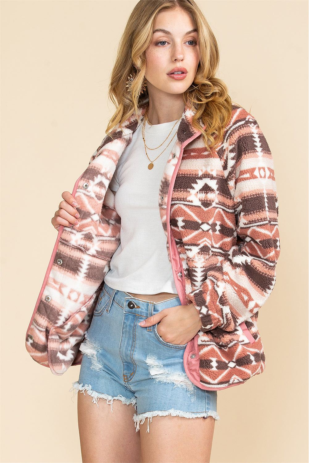 Pink Geometric Colorblock Snap Button Sherpa Jacket