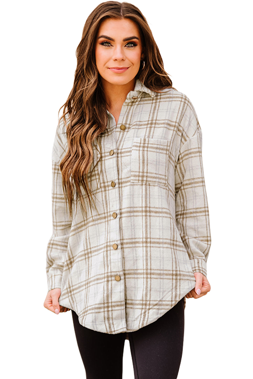 Black Casual Plaid Pattern Buttoned Shirt Shacket with Slit