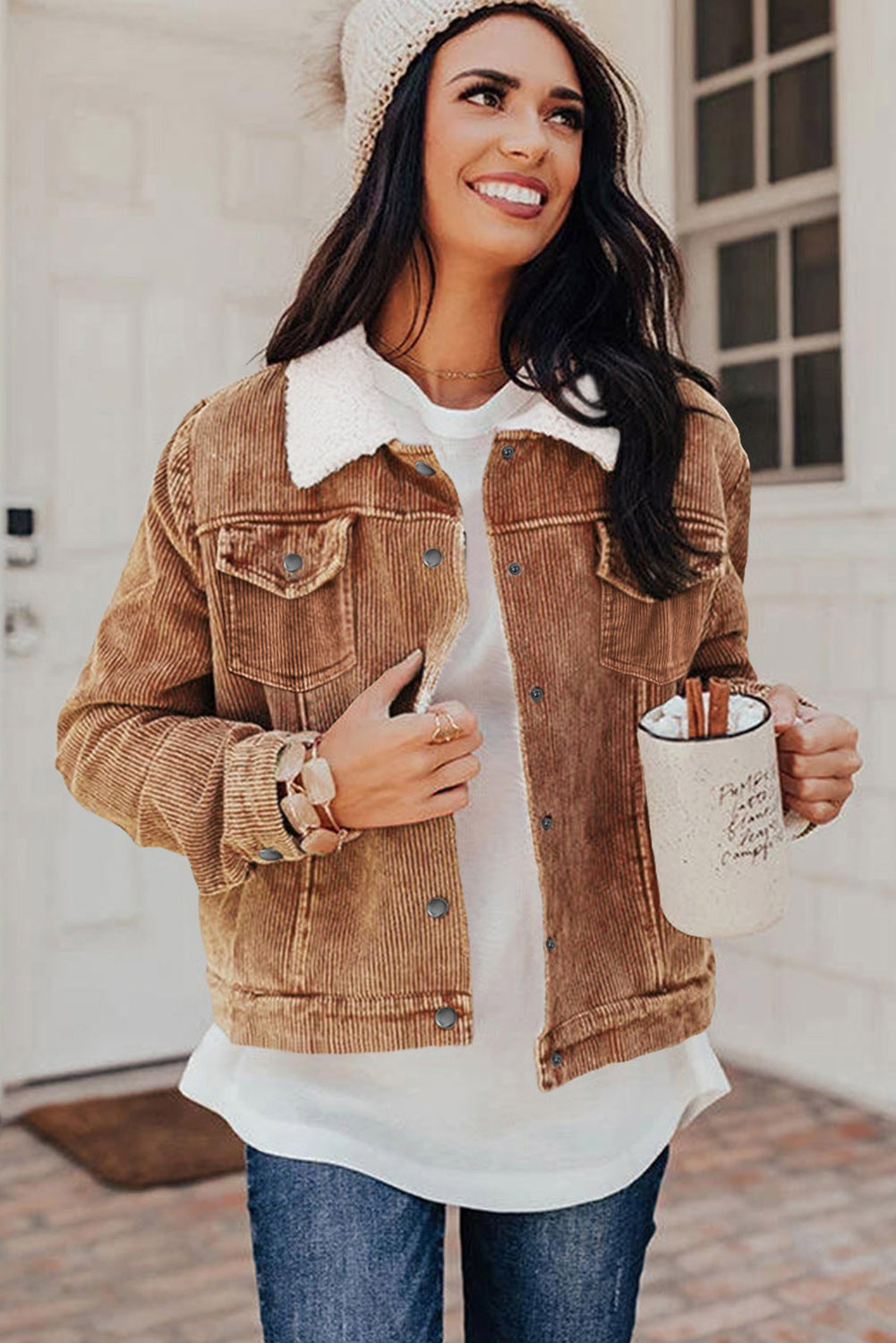 Gray Sherpa Snap Flap Pocket Cropped Corduroy Jacket