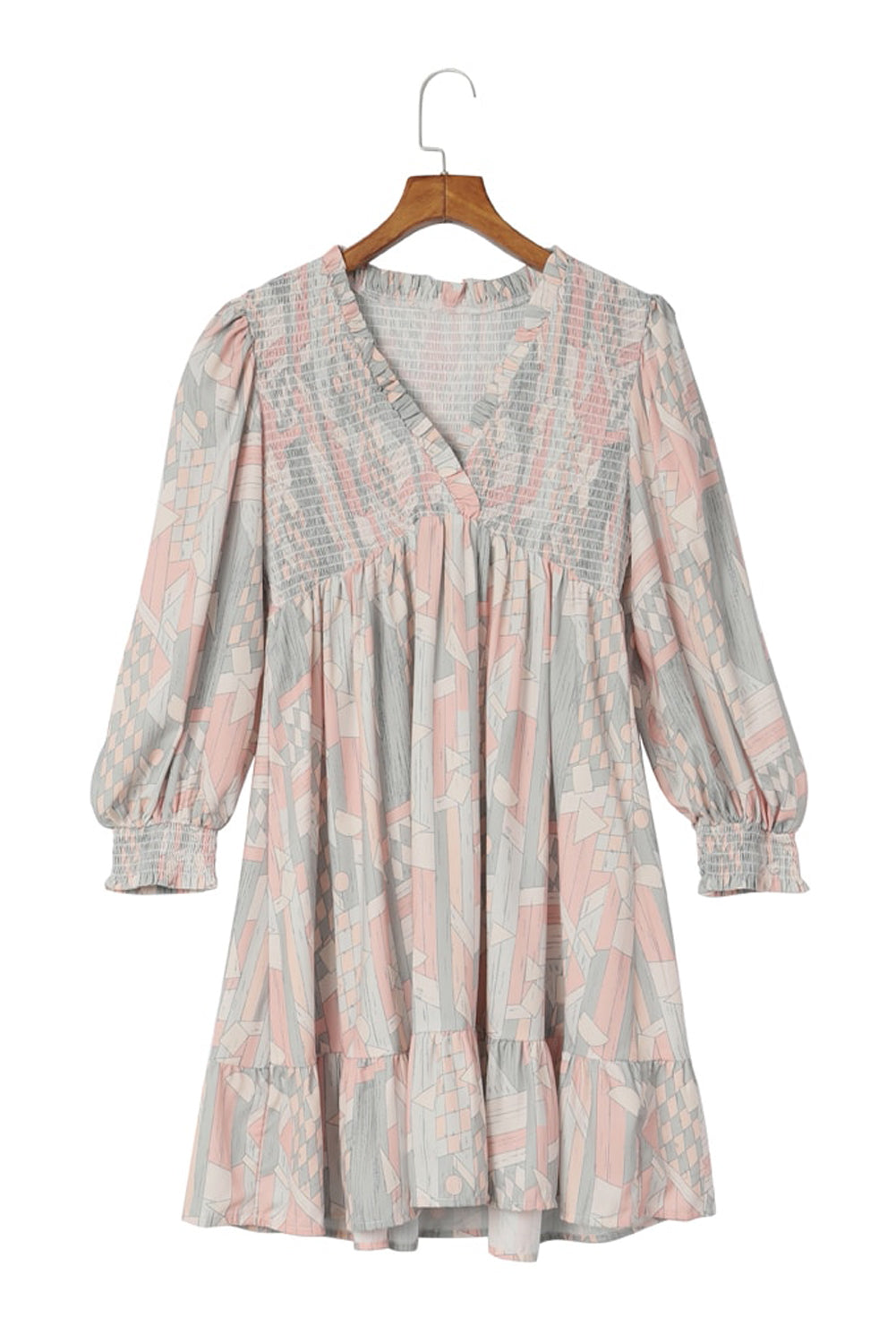 Multicolor Abstract Print Bishop Sleeve Smocked V Neck Dress