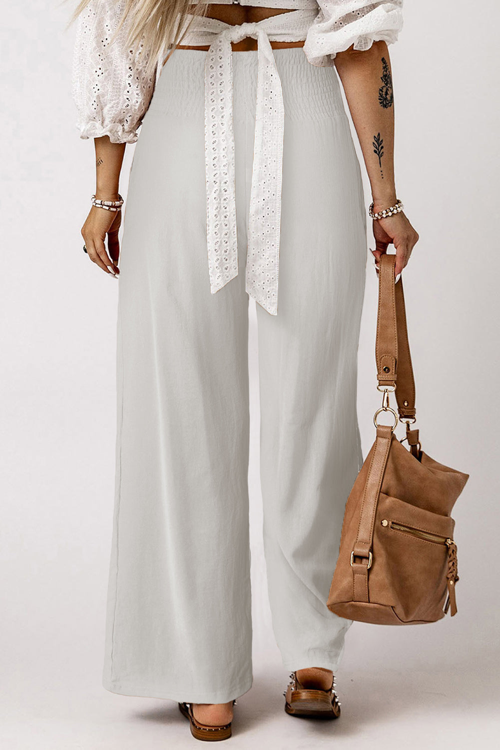 Brown Smocked Wide Waistband High Waist Wide Leg Pants