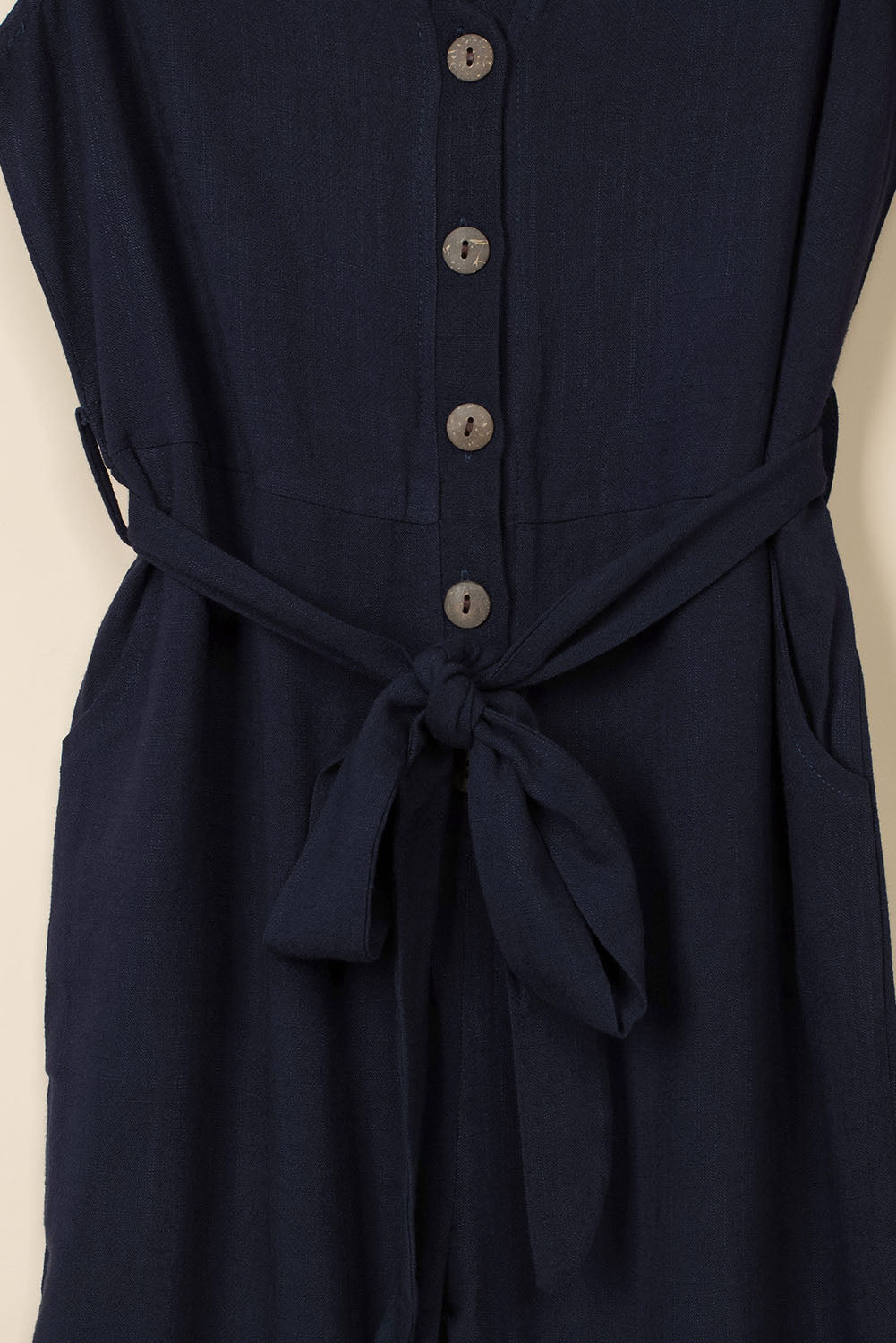 Blue V Neck Button Belted Jumpsuit With Pockets