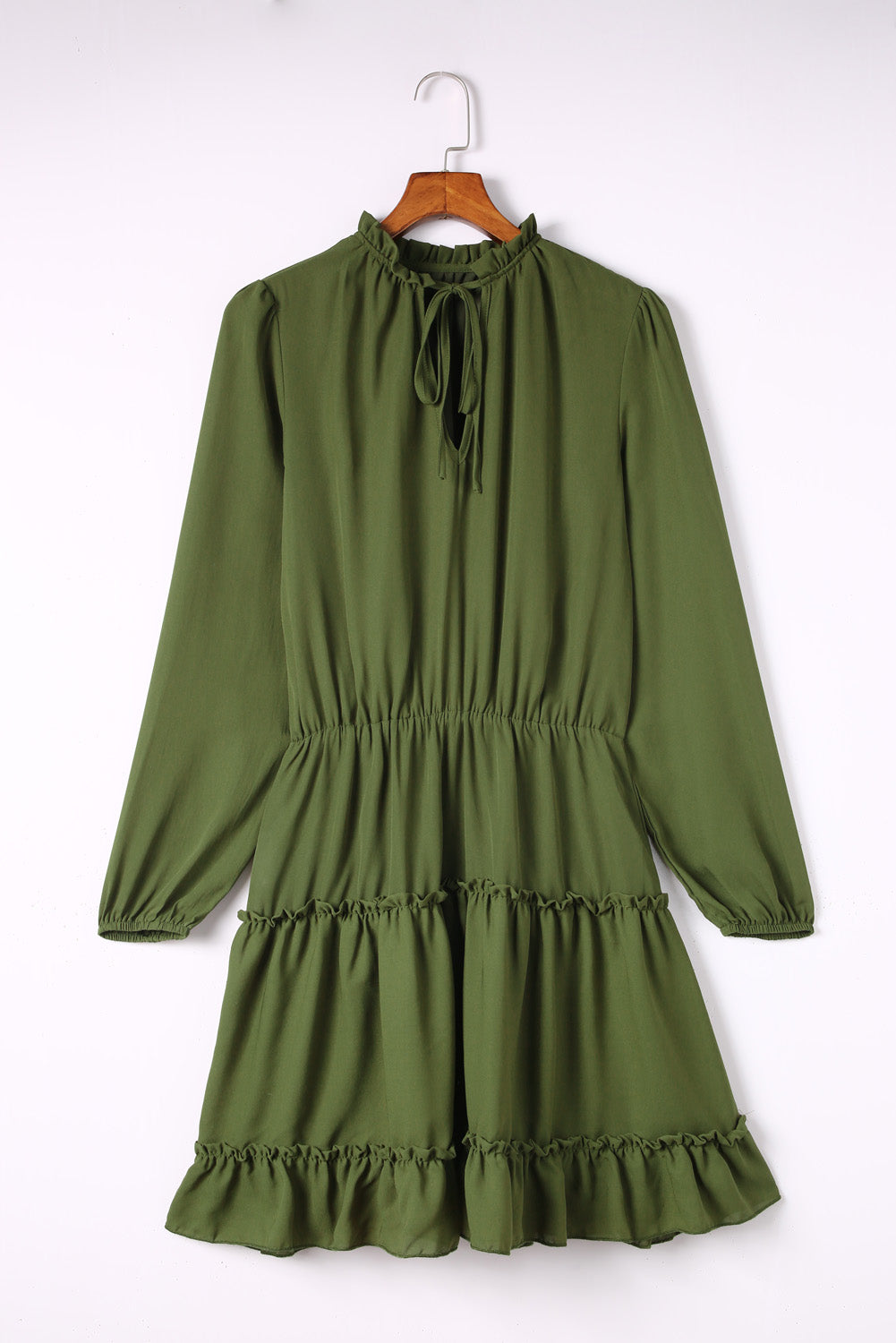 Olive Green Casual Lantern Sleeve V Neck Short Tiered Dress