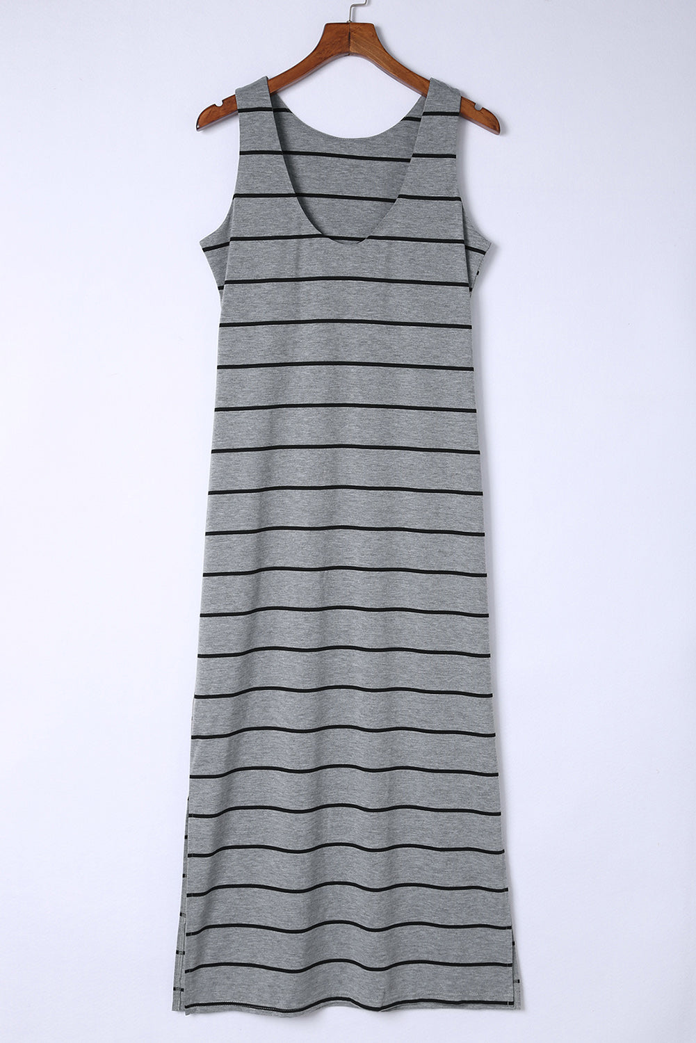 Brown Striped Backless Casual Side Slits Maxi Dress