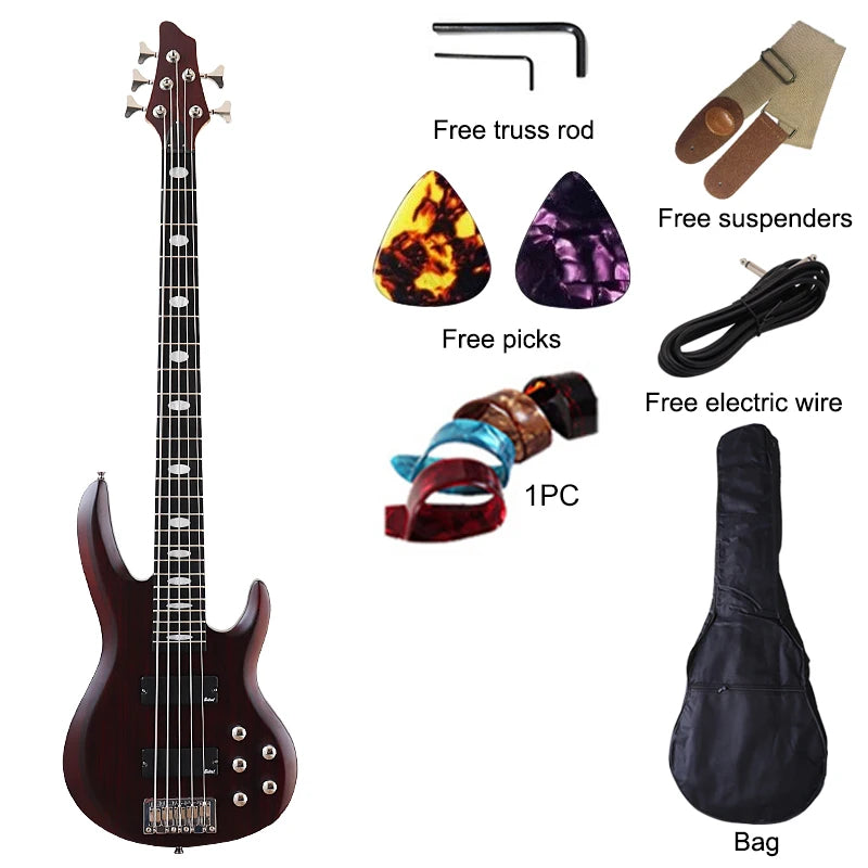 5 Strings Electric Bass Guitar 43inch Zebrawood Top Solid Okoume Wood Body Bass Guitar
