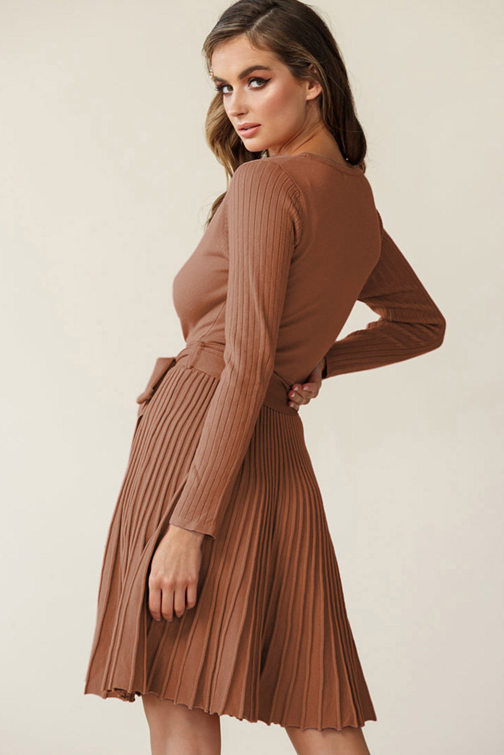 Brown Belted Wrap V Neck Ribbed Pleated Sweater Dress