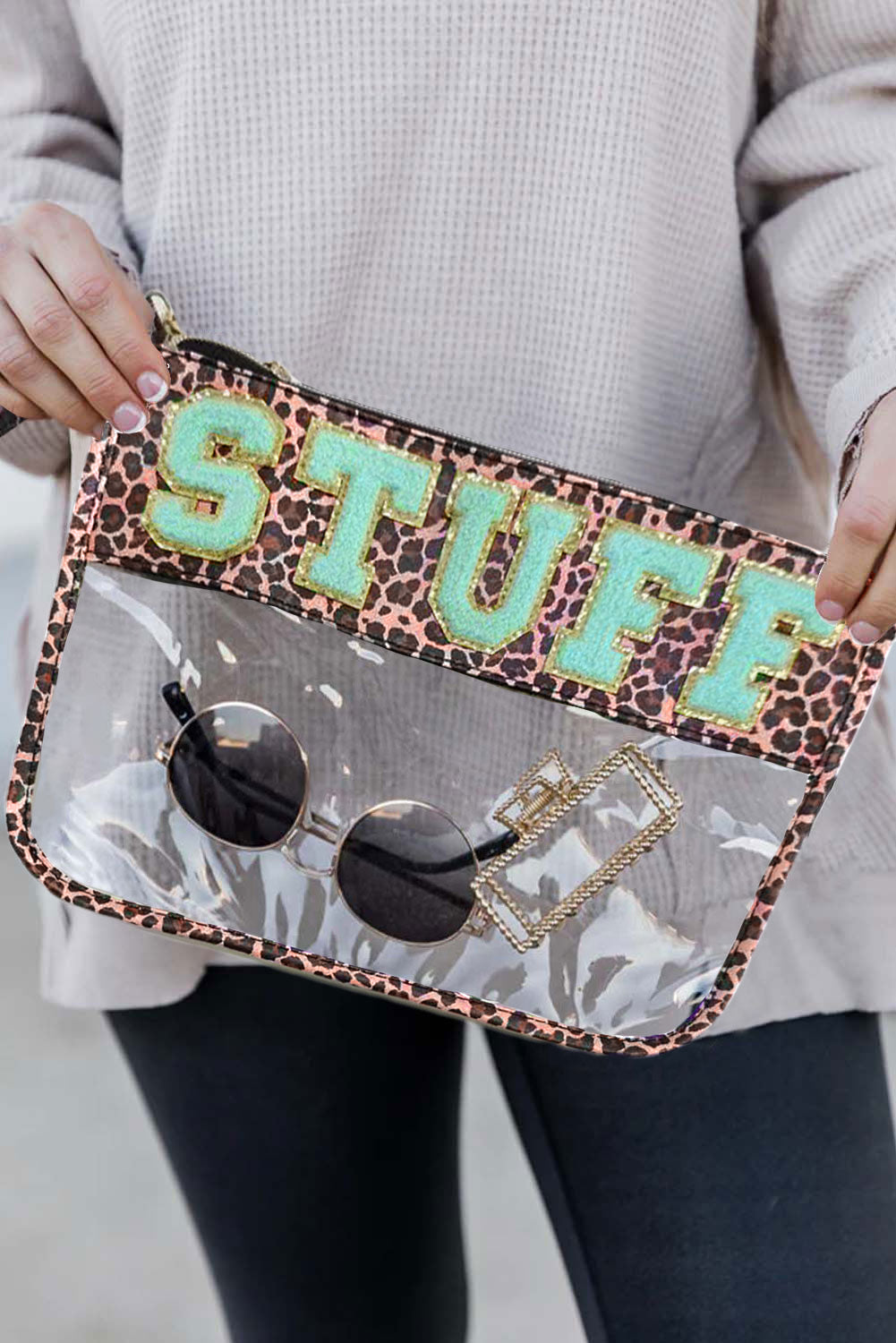 Black STUFF Animal Print Transparent Zipped Handbag