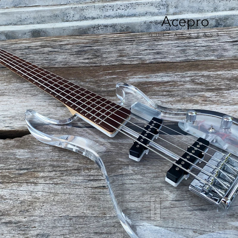 5 String LED Acrylic Electric Bass Guitar, Maple Neck Rosewood Fingerboard