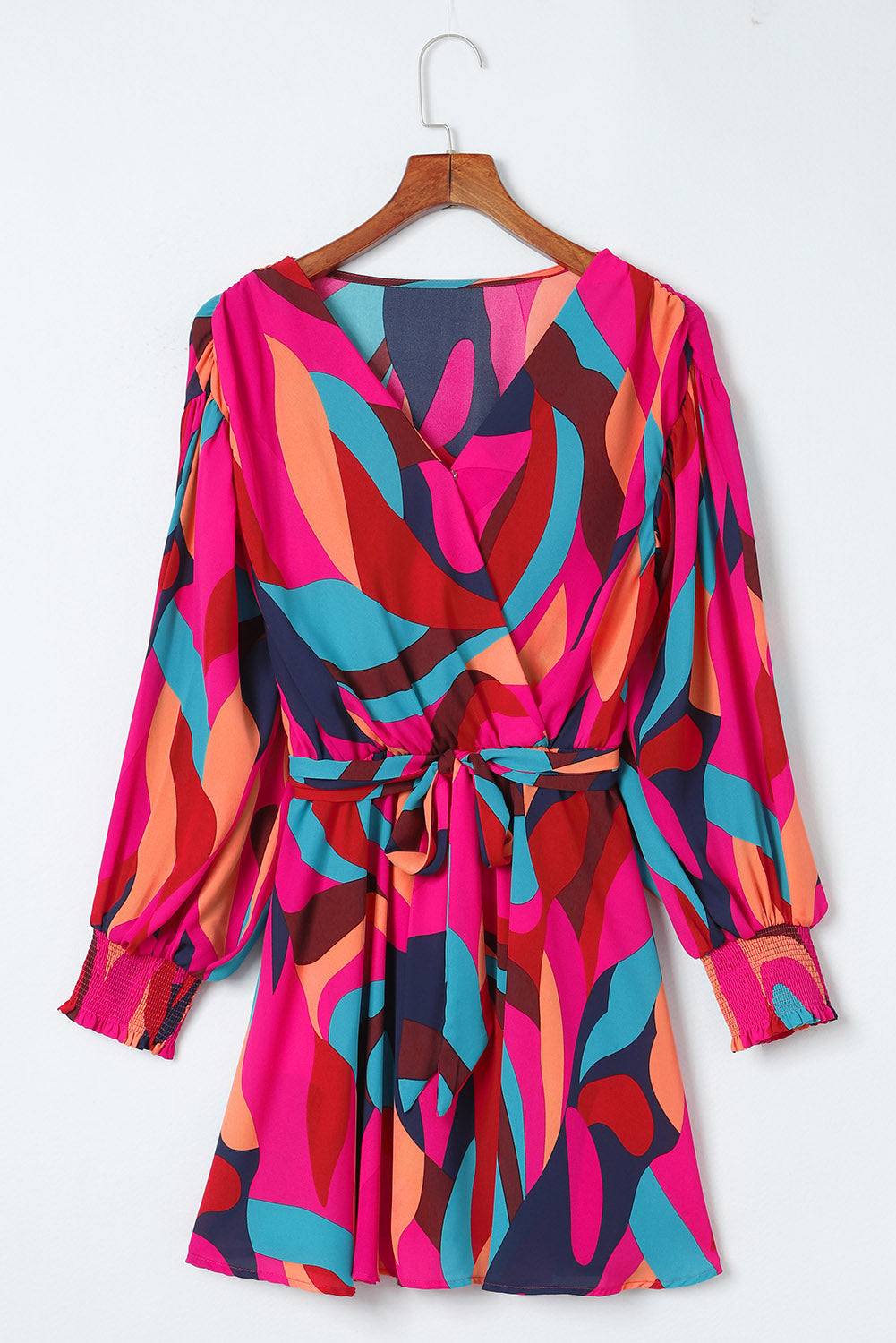 Red Abstract Printed Belted Puff Sleeve Short Dress
