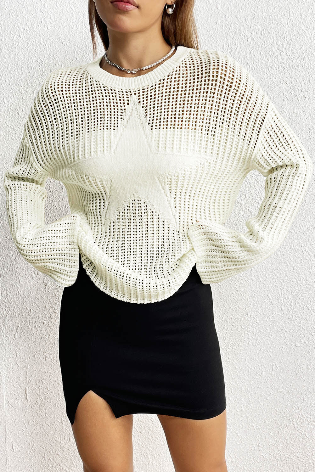 Black Star Pattern Lightweight Hollow Knit Sweater