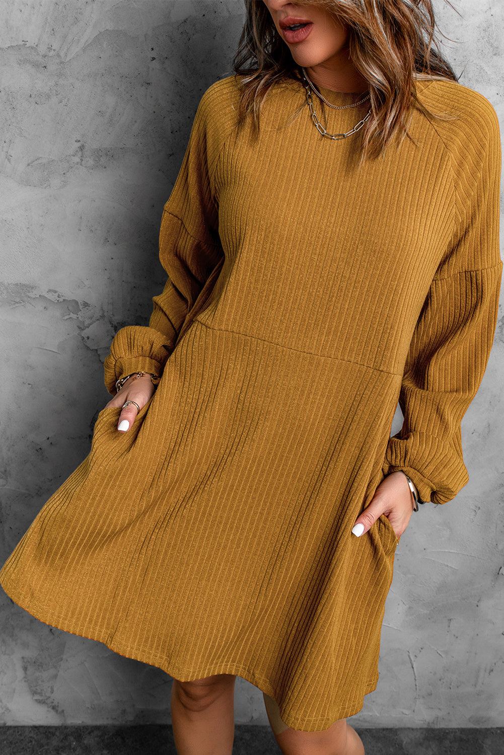Black Round Neck Empire Waist Ribbed Short Knit Dress