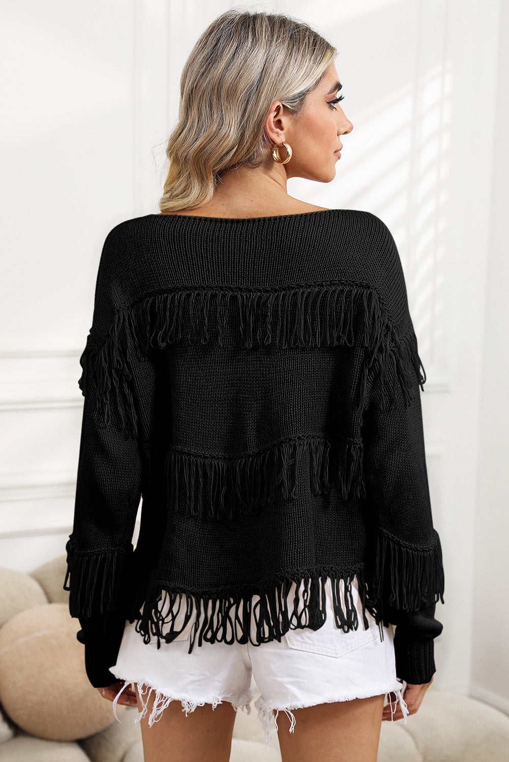 Green Boho Fringe Tasseled Knitted Sweater