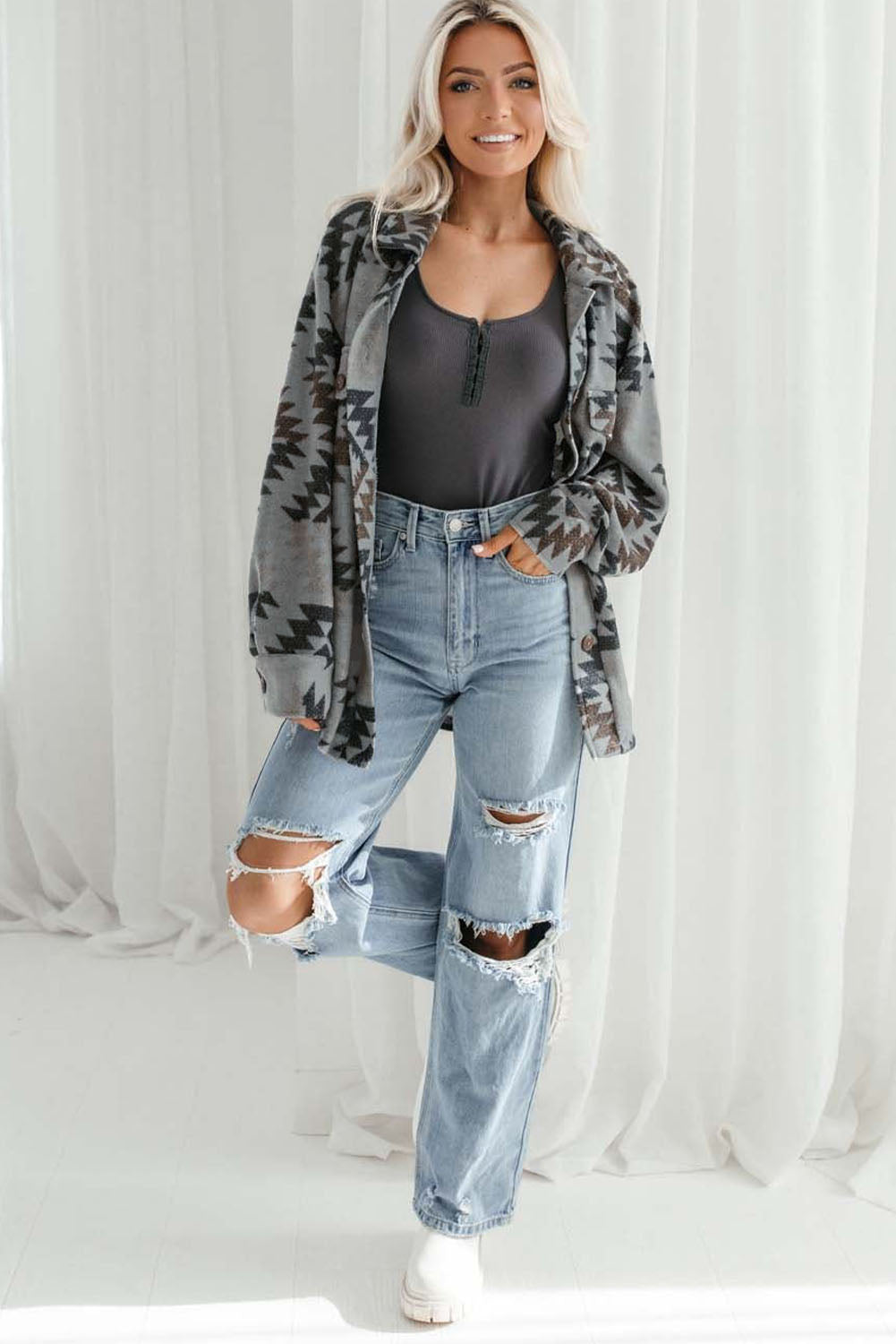 Gray Geometric Print Drop Shoulder Casual Shacket