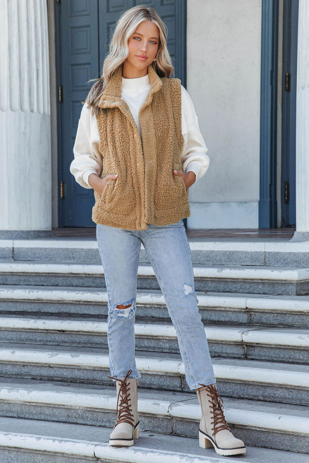 Green Snap Button Collared Stand Neck Sherpa Vest