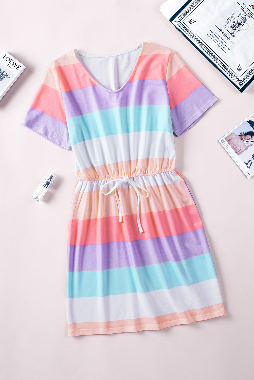 Multicolor Stripes Print Casual Short T Shirt Rainbow Dress
