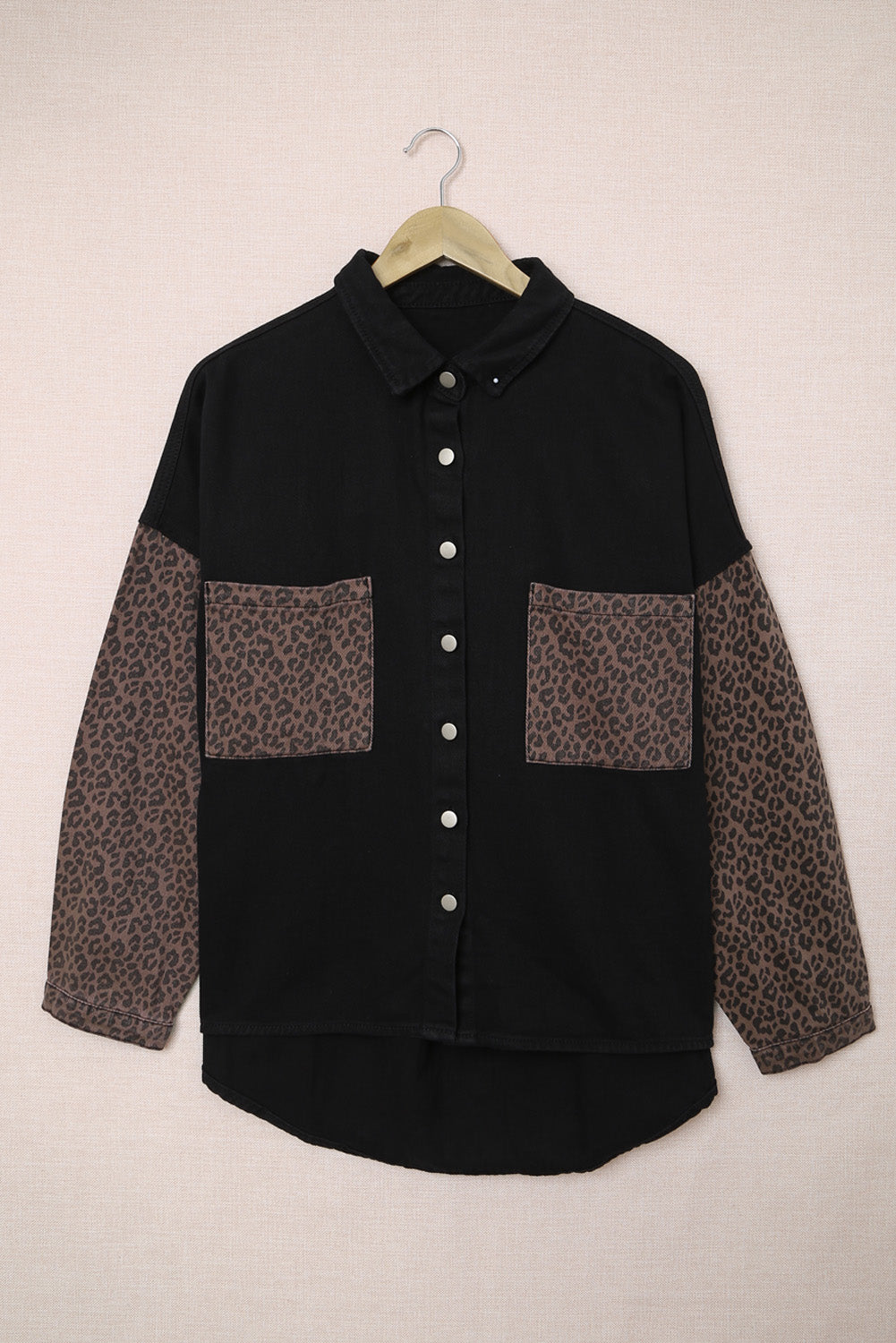 Black Contrast Leopard Denim Shacket