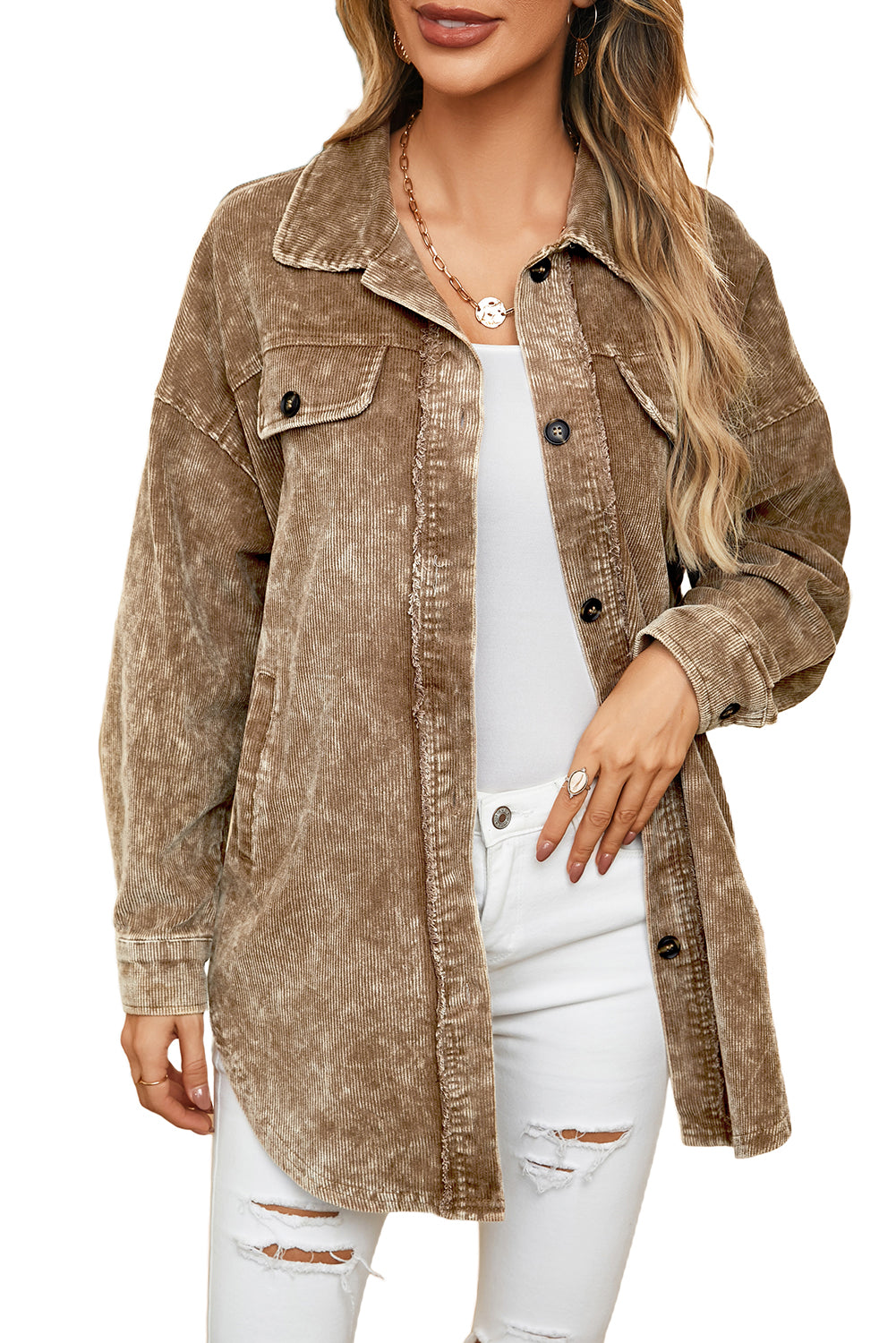 Khaki Vintage Distressed Mineral Wash Oversized Shacket