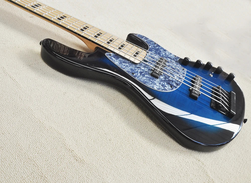 Blue 5 Strings Electric Bass Guitar with Maple Fretboard,Gray Pearl Pickguard