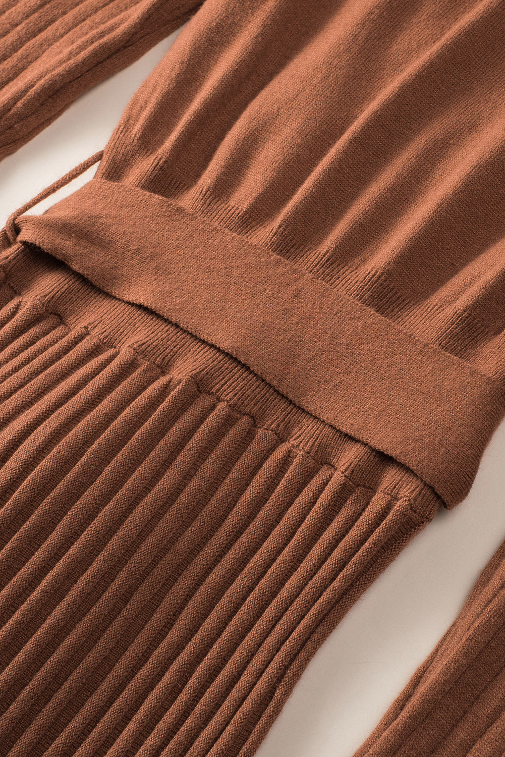 Brown Belted Wrap V Neck Ribbed Pleated Sweater Dress