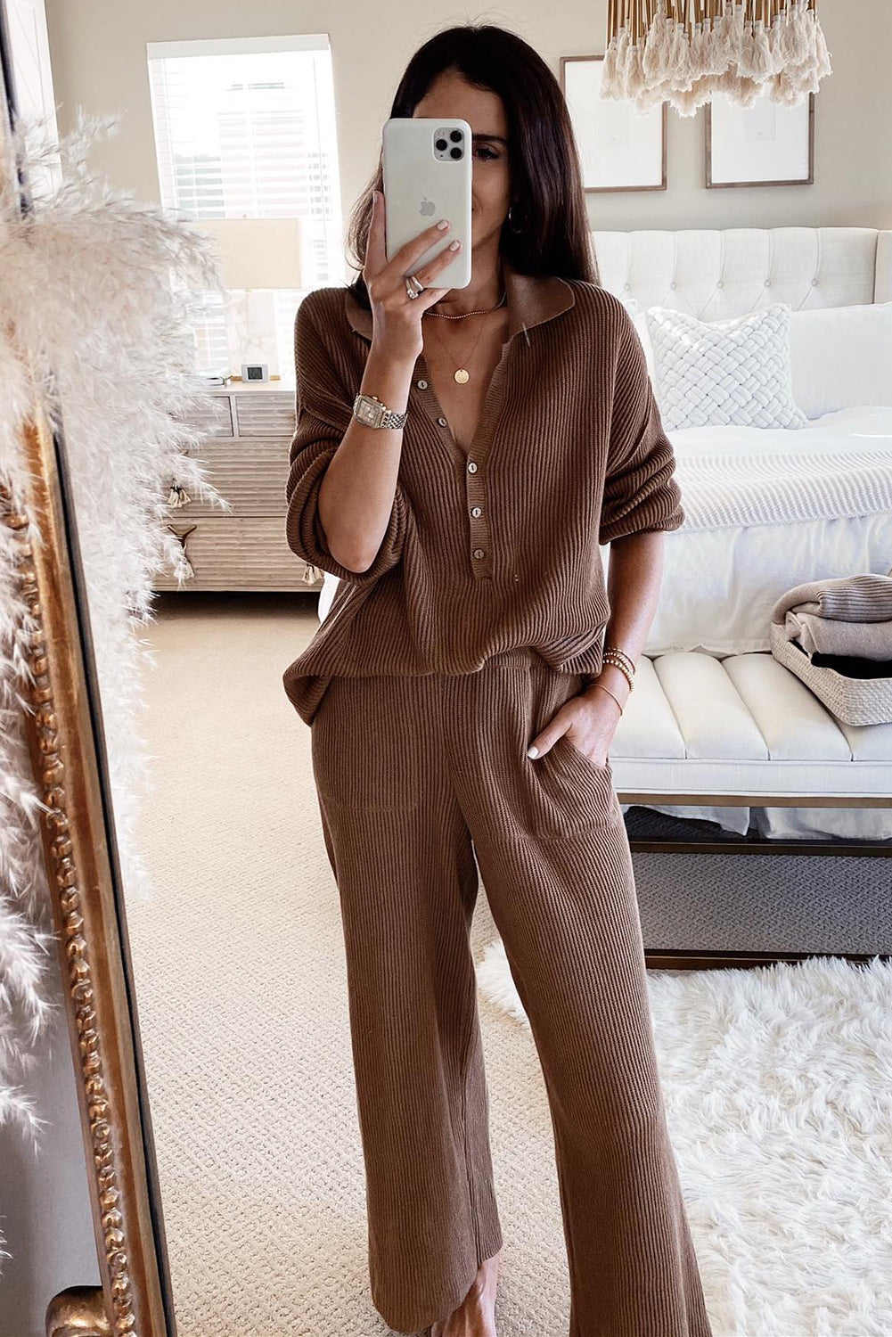 Black Ribbed Henley Shirt and Wide Leg Pants Loungewear Set