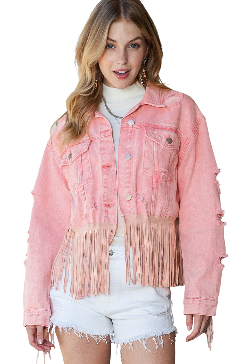 Pink Distressed Ripped Fringe Hem Cropped Denim Jacket