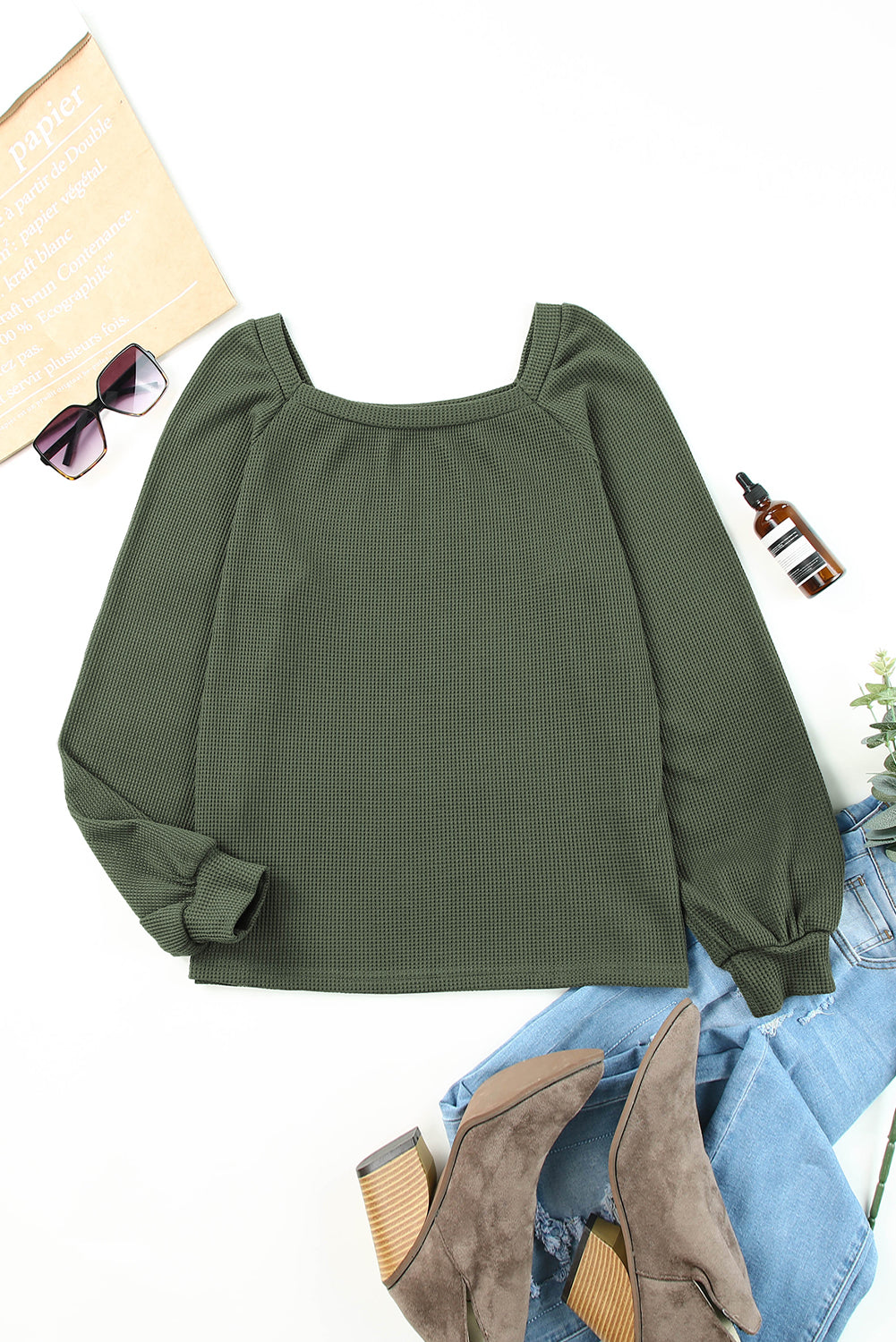 Pink Waffle Texture Casual Square Neck Pullover Top