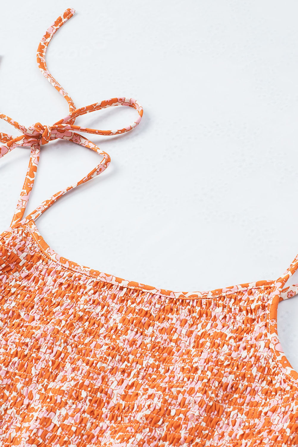 Orange Boho Floral Print Shirred Thin Straps Romper