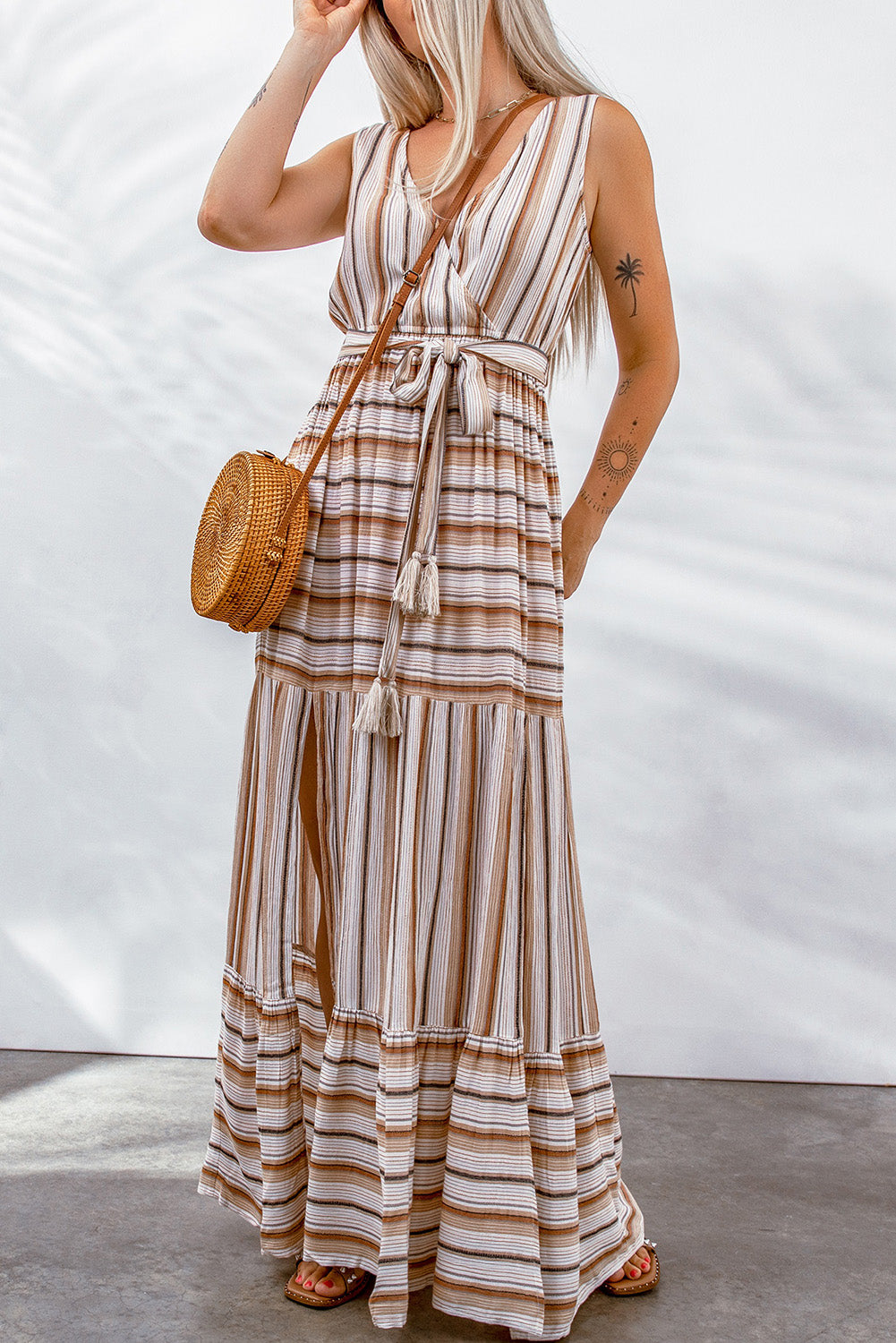 Khaki Casual Striped Split Sleeveless Maxi Dress