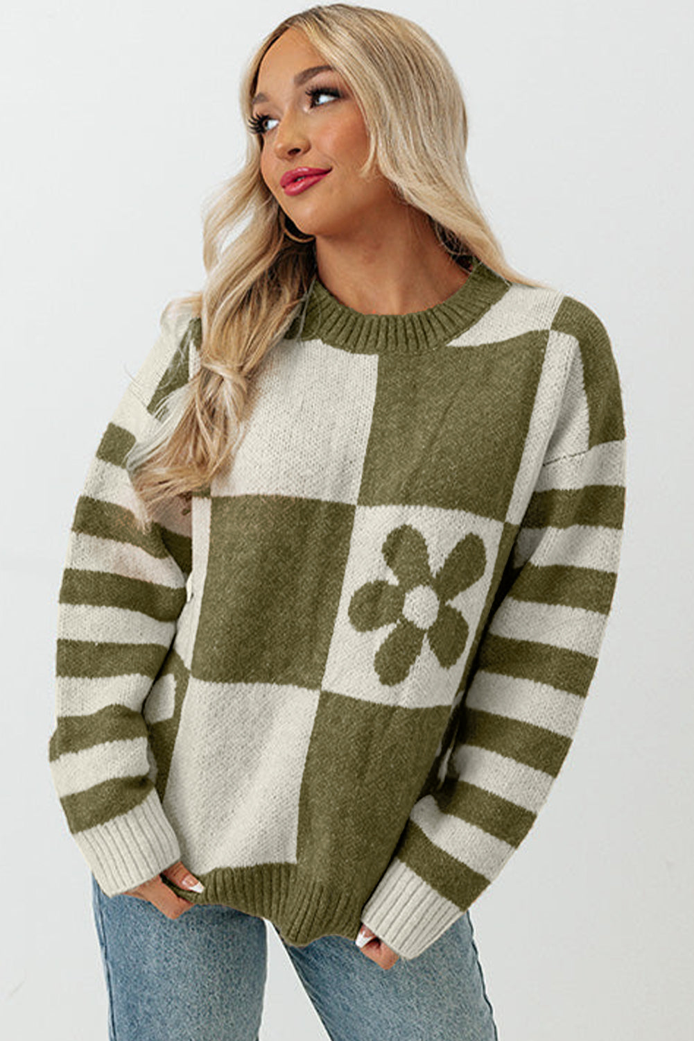 Brown Checkered and Striped Knitted Pullover Sweater
