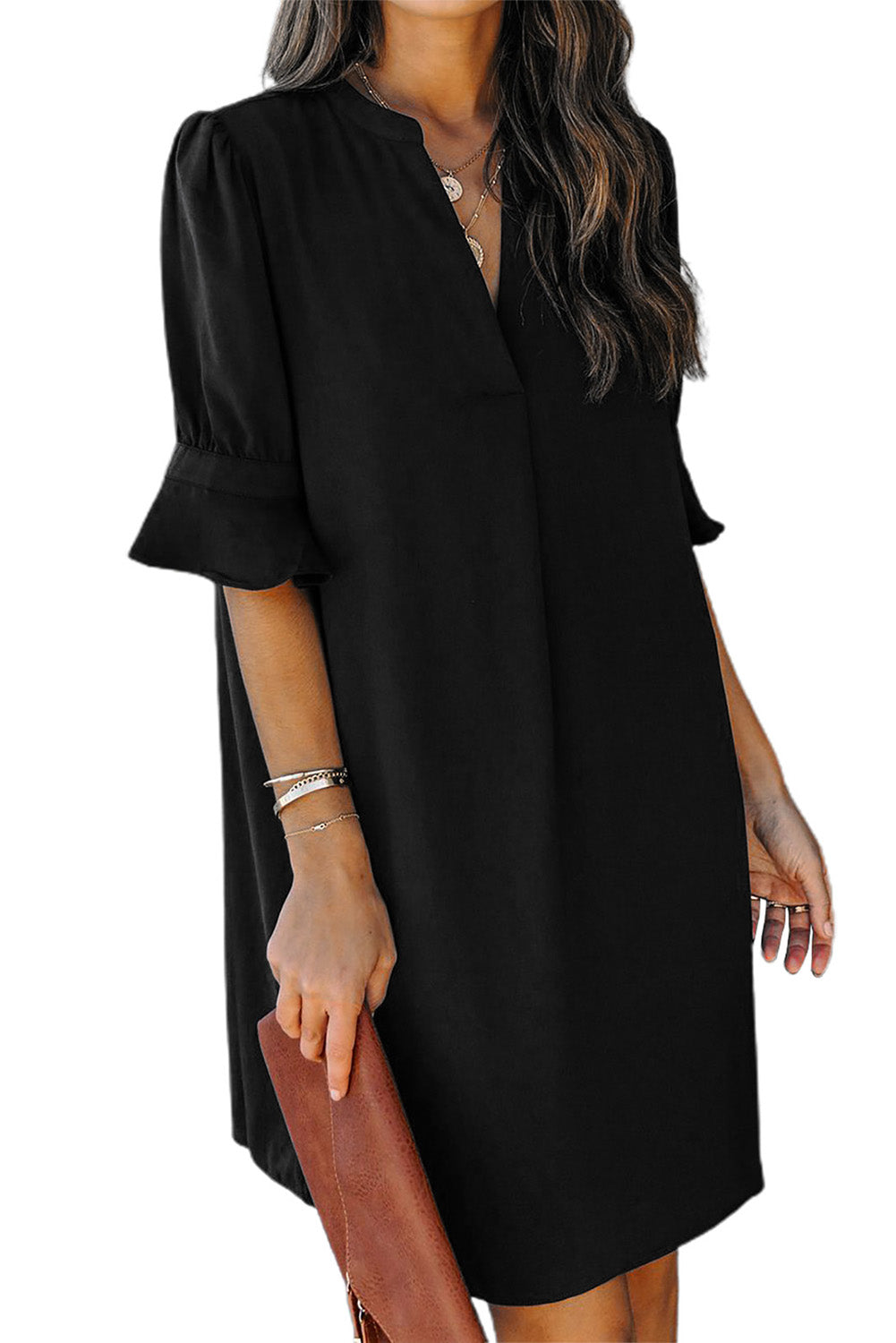 Navy Blue Split V Neck Short Sleeve Tunic Dress