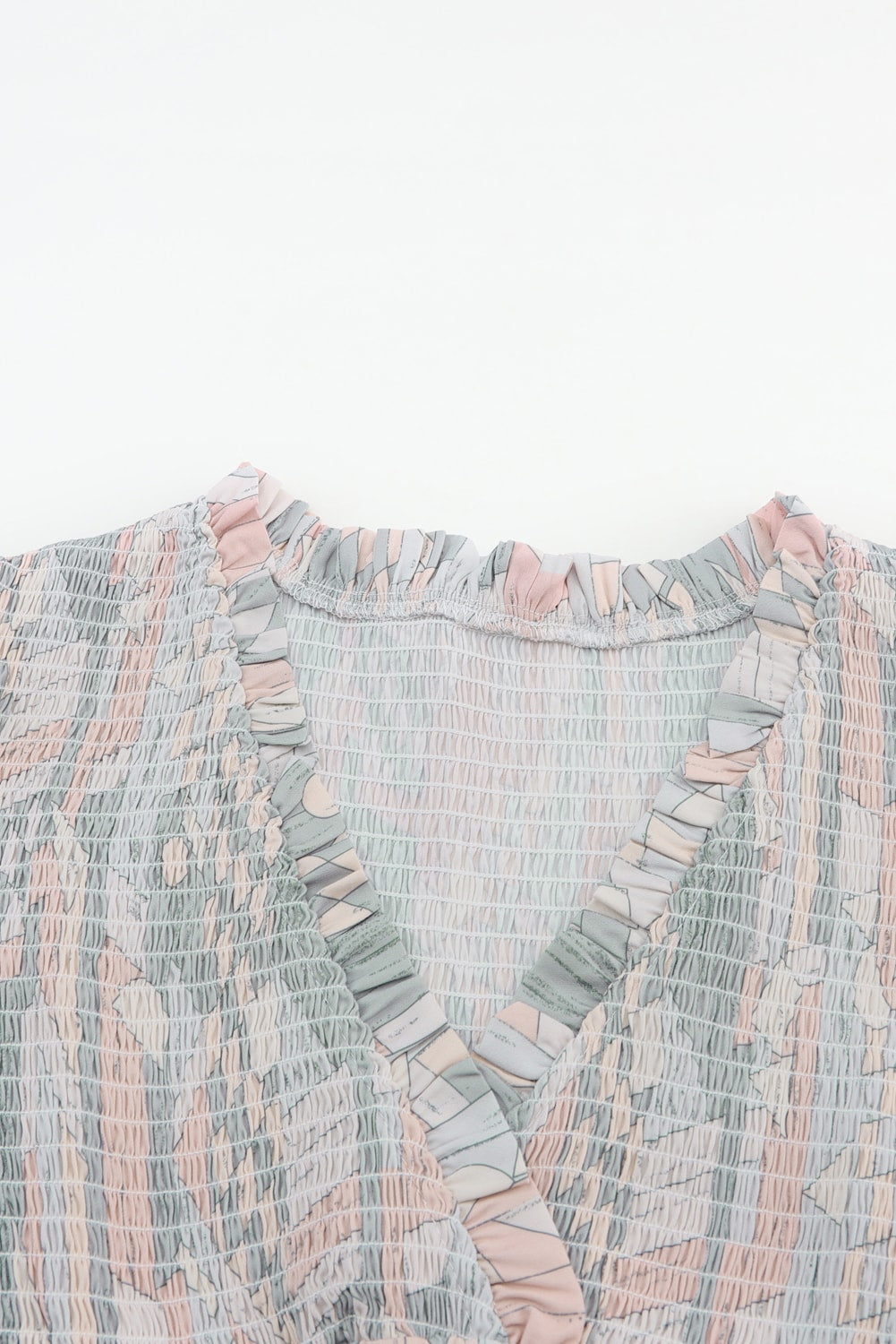Multicolor Abstract Print Bishop Sleeve Smocked V Neck Dress