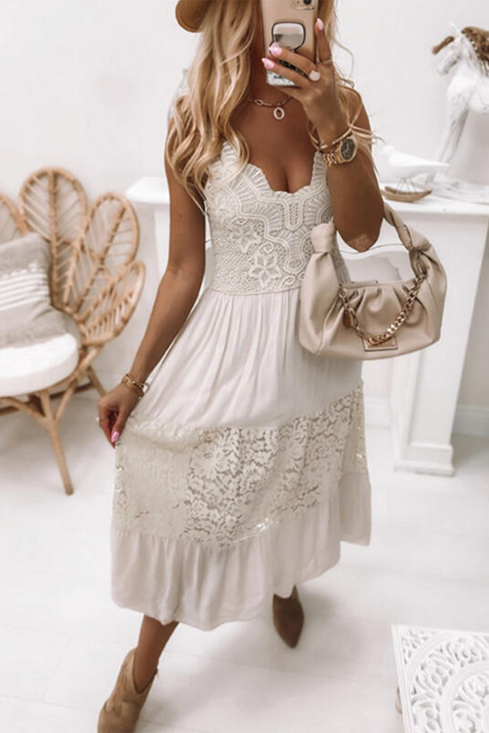 White Elegant Lace Deep V Wedding Guest Sleeveless Maxi Dress