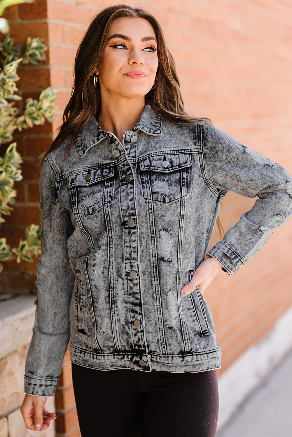 Grey Distressed Buttons Washed Denim Jacket
