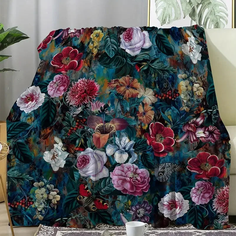 Vintage Green Plant Floral Flannel Blanket