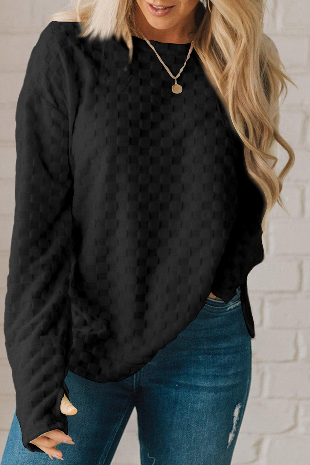 Beige Checkered Furry Thumbhole Long Sleeve Top