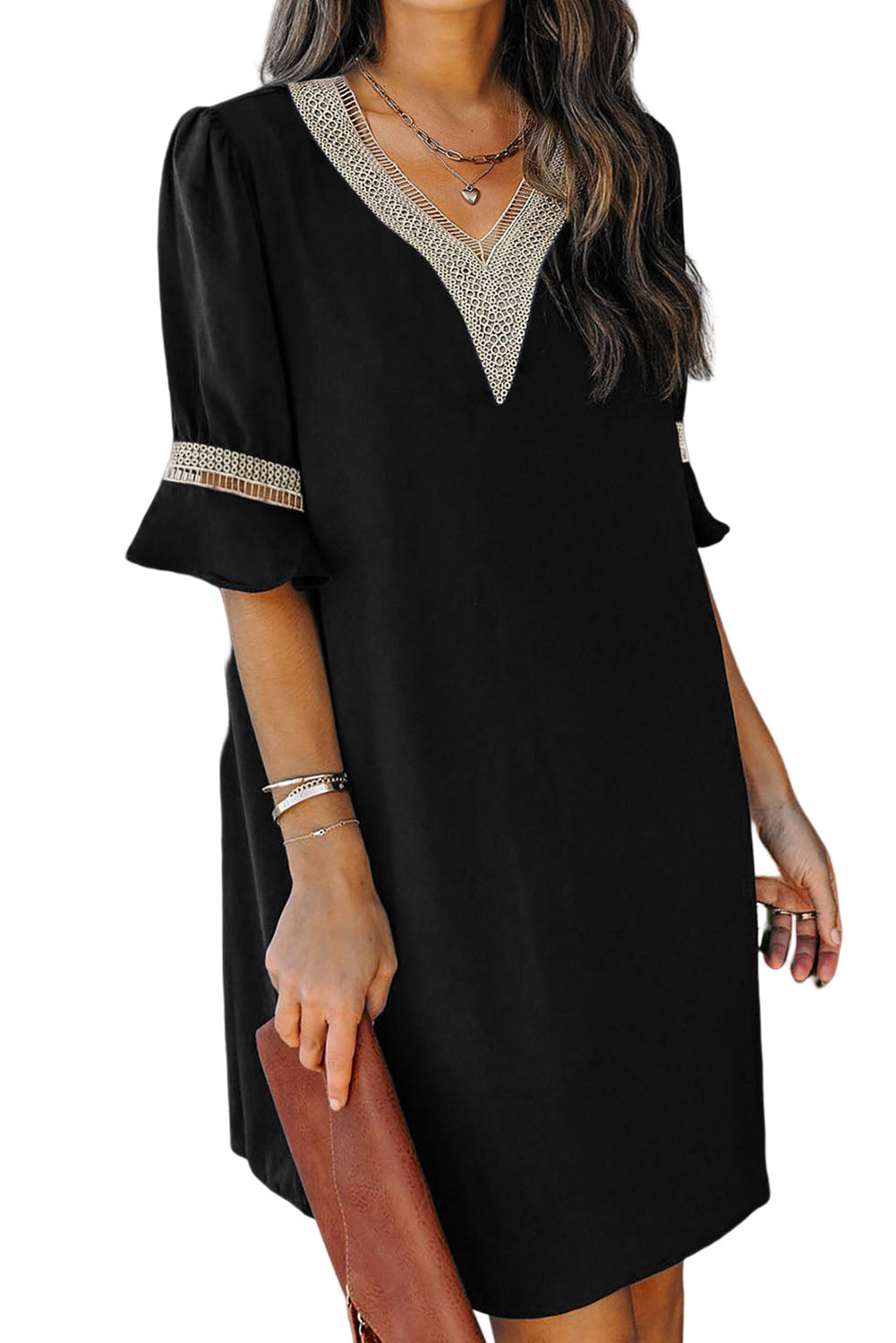 Black Lace Crochet Splicing V Neck Shift Dress