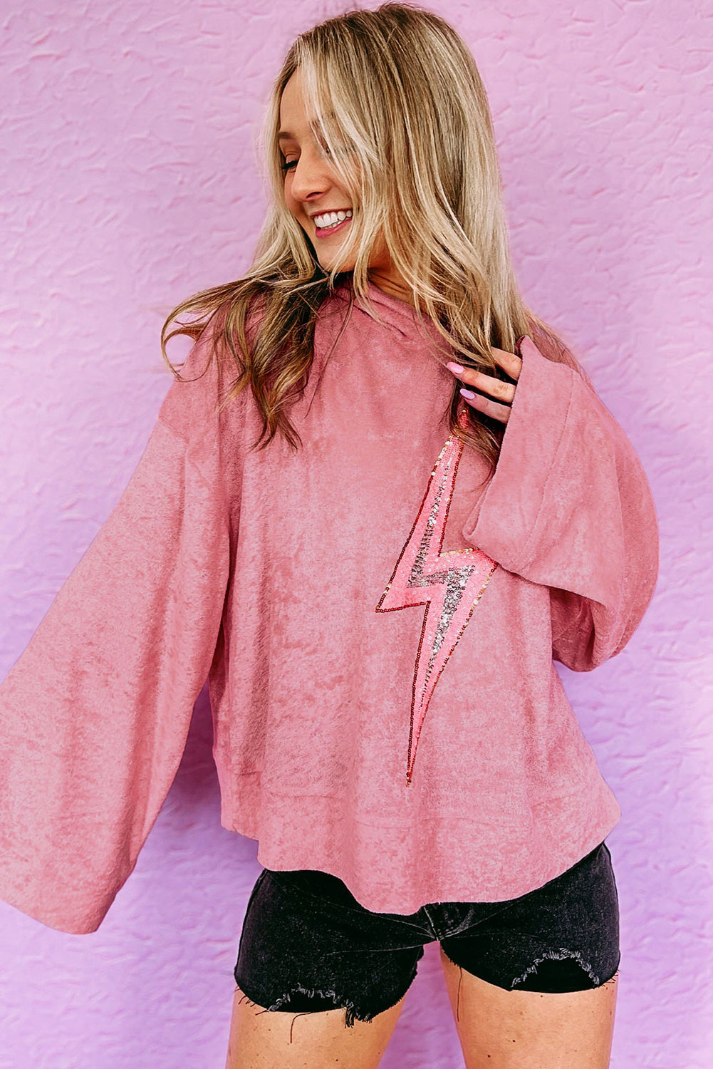Pink Lightning Drop Shoulder Cute Pullover Hoodie