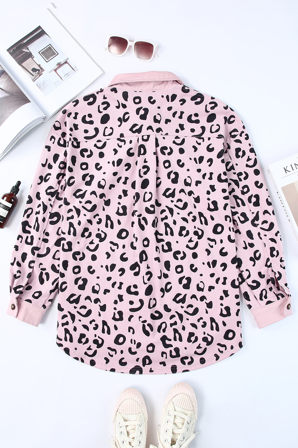 Apricot Leopard Collared Neckline Flap Pockets Corduroy Shacket