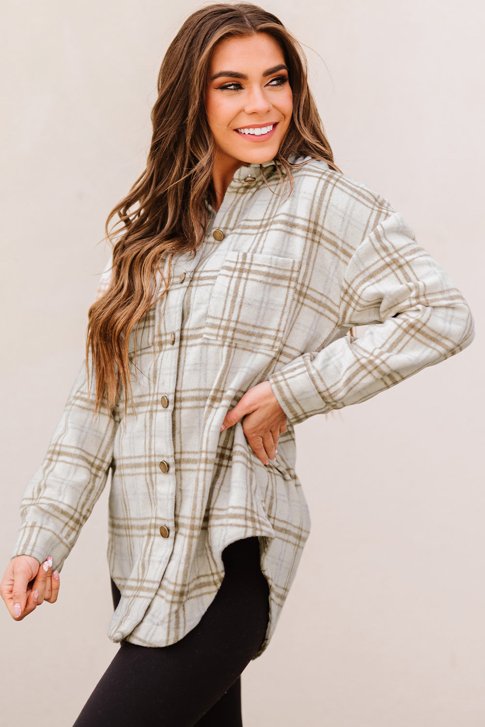 Black Casual Plaid Pattern Buttoned Shirt Shacket with Slit