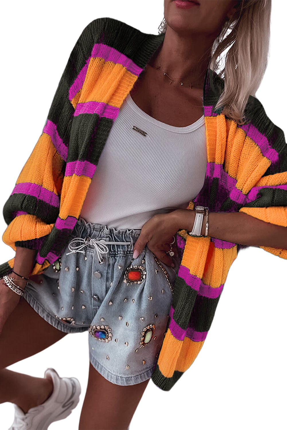 Black Stripe Print Ribbed Knit Sweater Cardigan