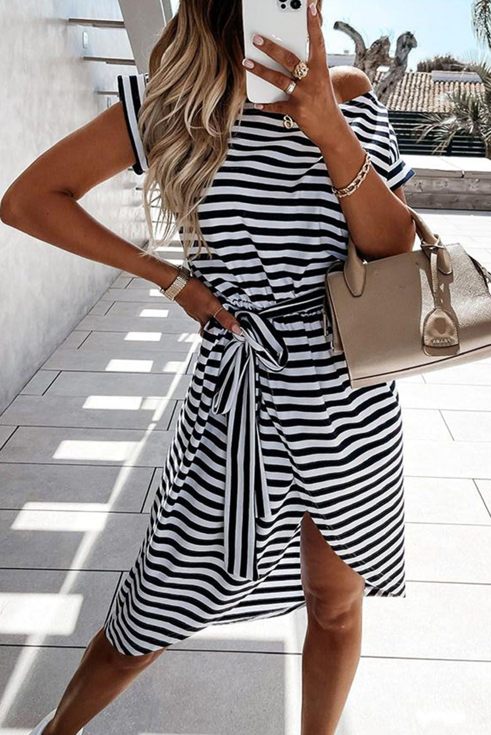 Black Stripe Belted Wrapped Hemline T-Shirt Dress