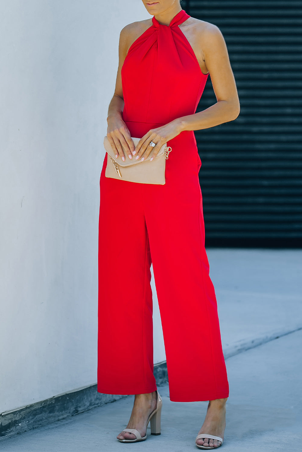Casual Twist Neck Back Cut Out Sleeveless Red Jumpsuit