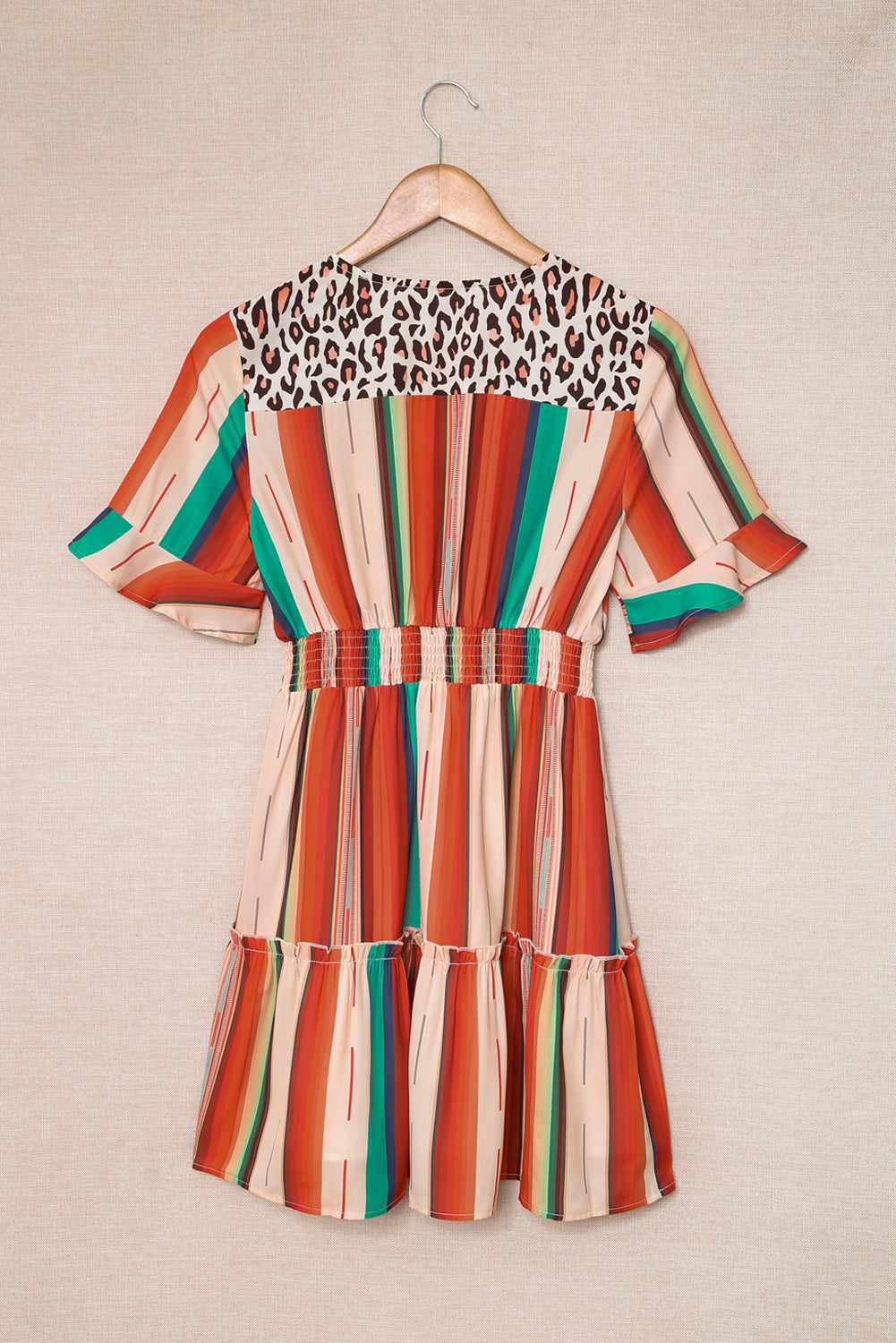 Multicolor Striped and Leopard Print Flounce Hem Short Dress