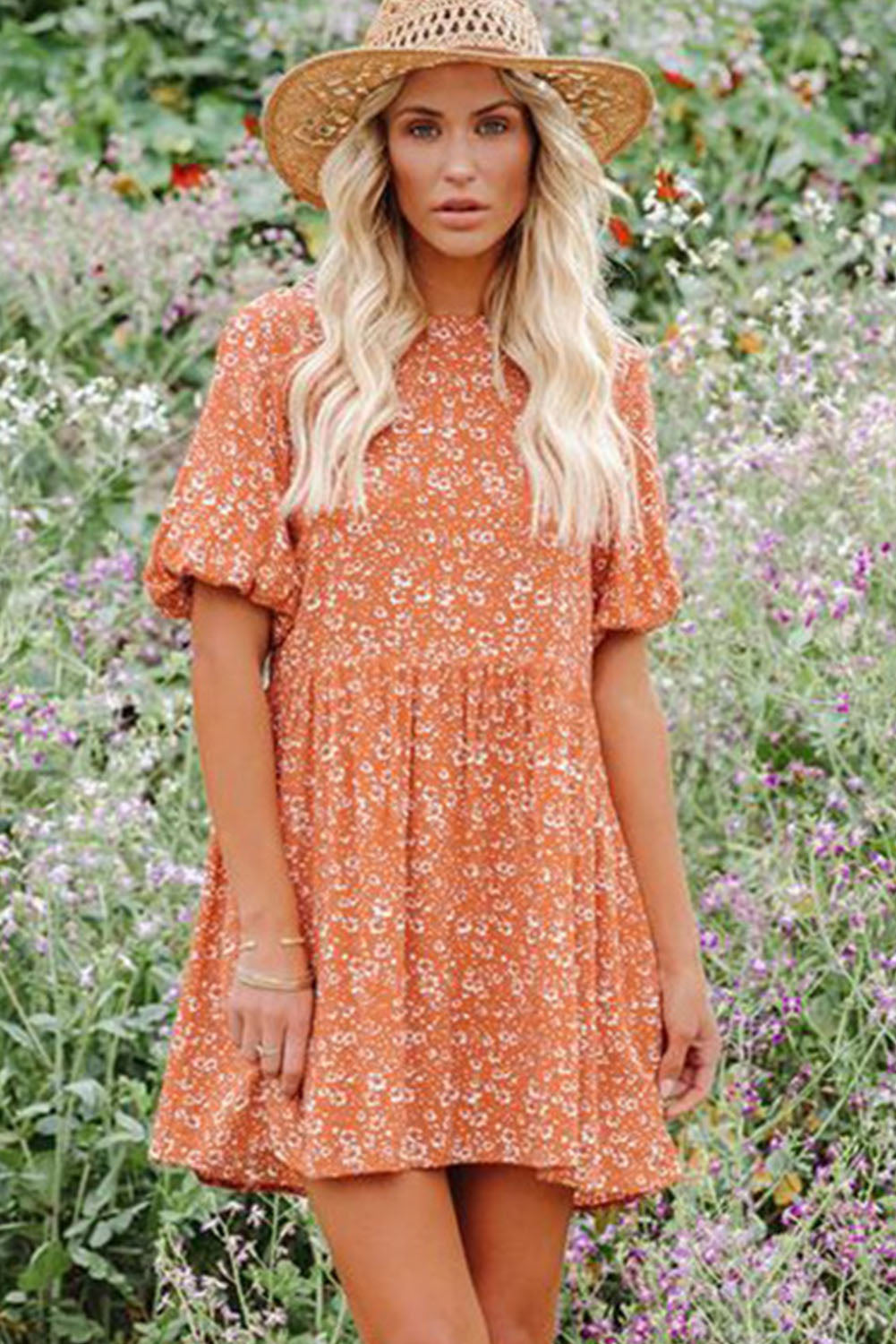 Orange Floral Boho Bishop Sleeve Short Dress
